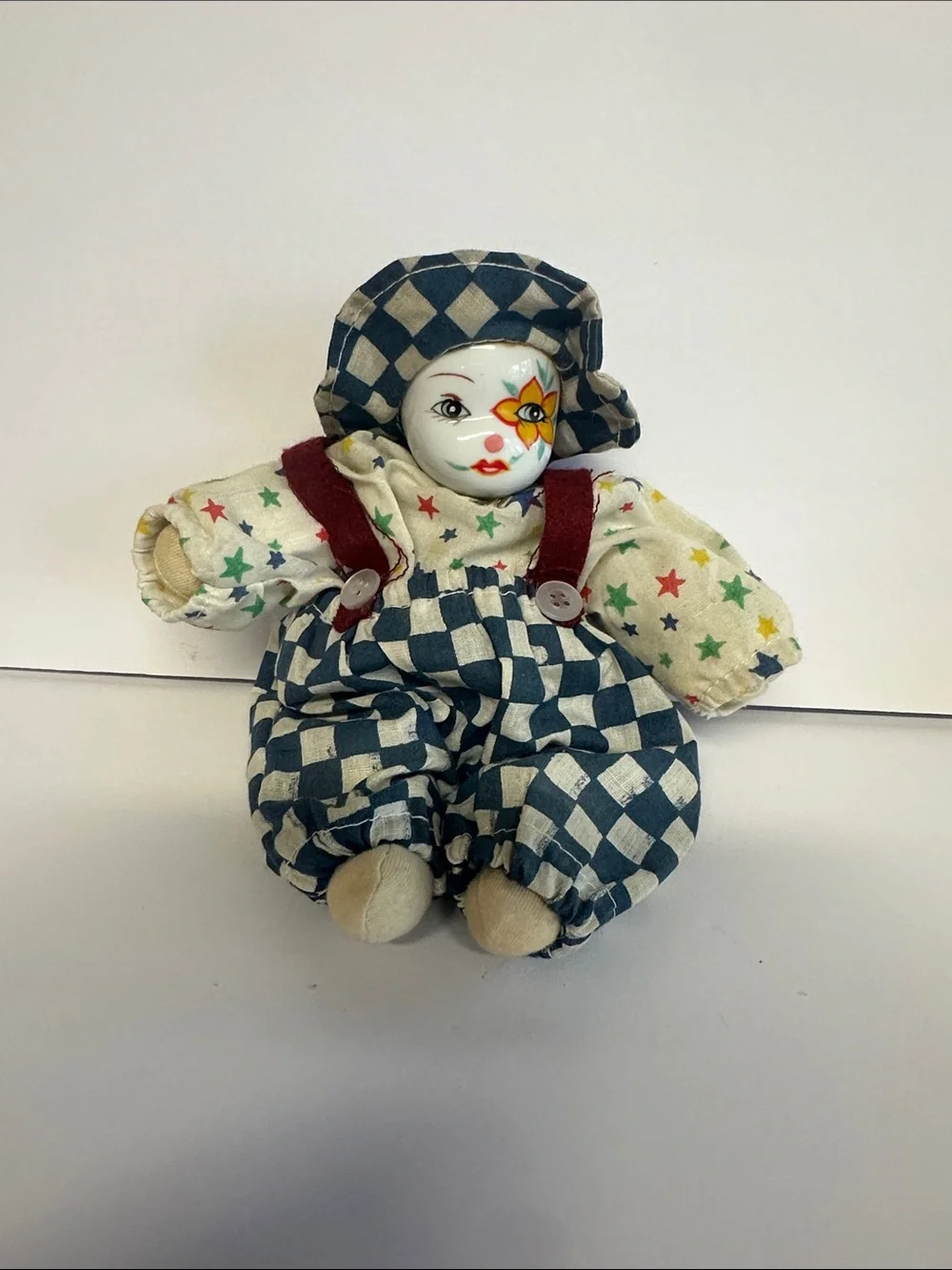 Classic Blue Check Clown Doll Plush Toy - Star Pattern Outfit
